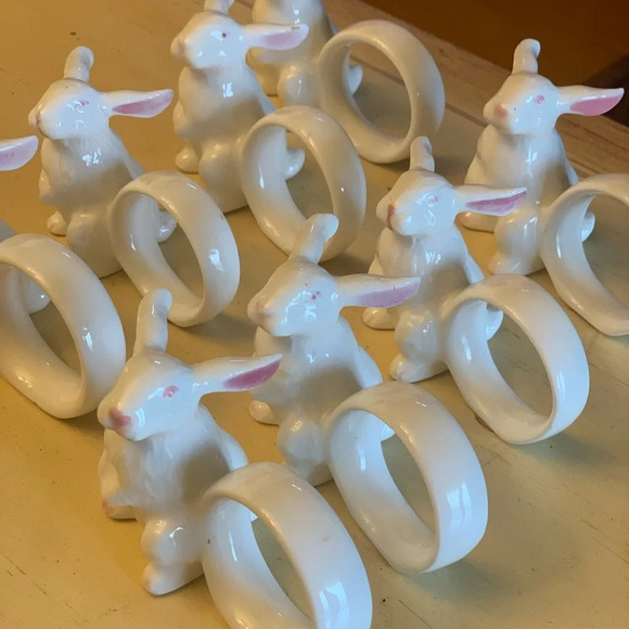 Vtg Bone China Easter Bunny White Rabbit Napkin Ring Holders Cottage Farmhouse - Picture 2 of 4